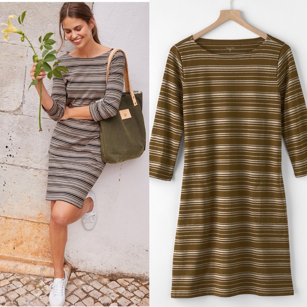 Garnet Hill Organic Pima Cotton Bateau Neck Dress with Pockets Sz 4 Olive Green